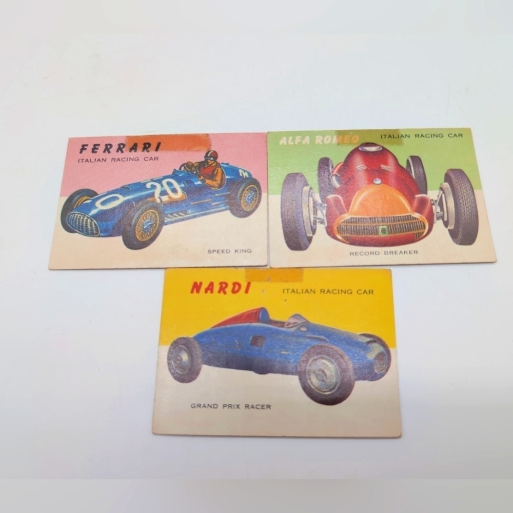 1954 Topps Car Card Set 3 Italian Race Cars Ferrari, Alfa Romeo, Nardi